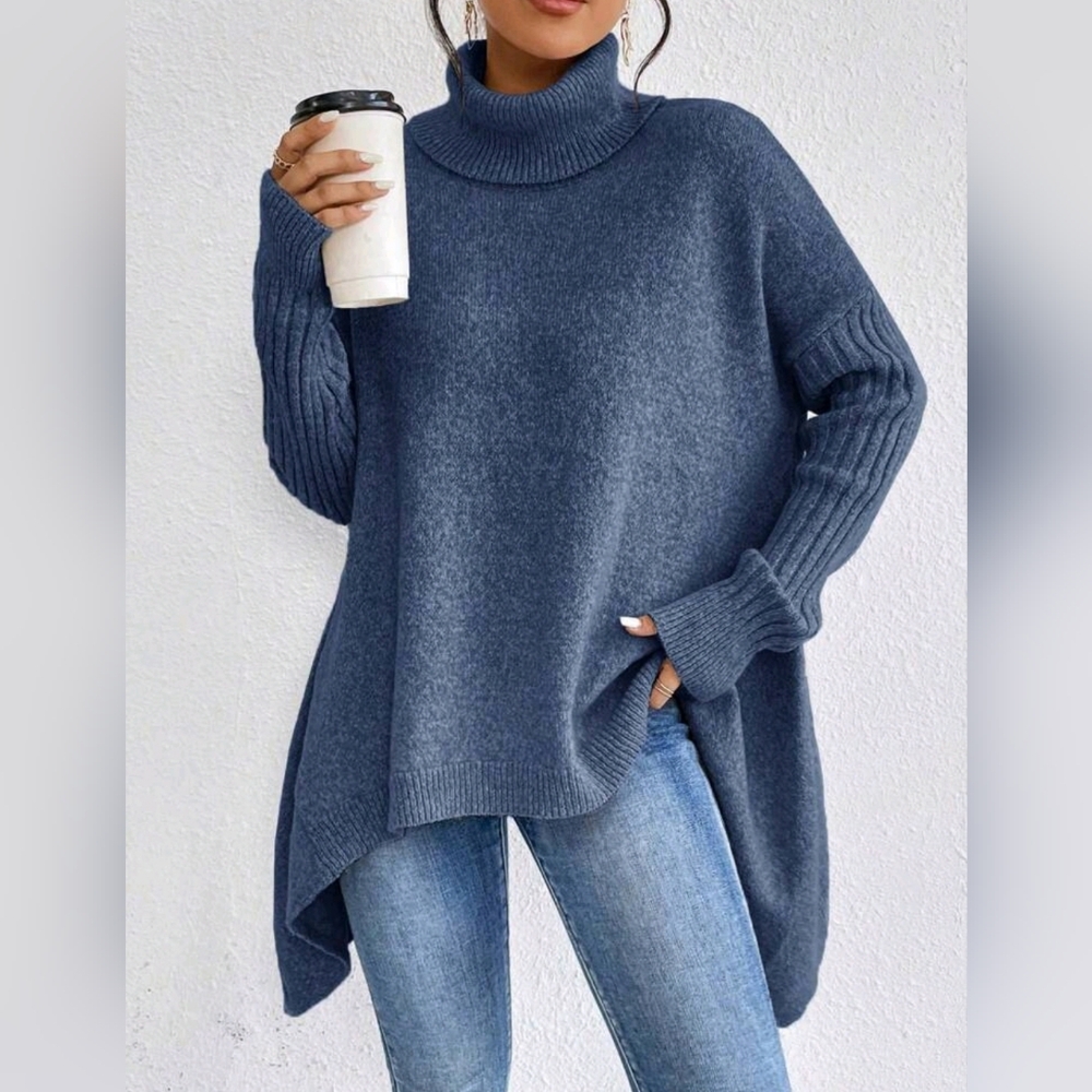 NEW Oversized Ribbed Asymmetrical Hem Turtleneck Sweater Top Blue